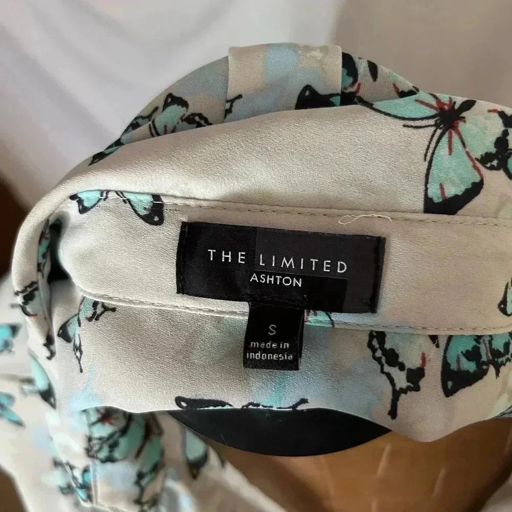 The Limited Ashton Butterfly Print Button Down Blouse Teal Cream Small - Picture 6 of 7